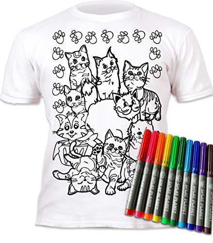 Splat Planet Camiseta de gatos para colorear con 10 bolígrafos mágicos lavables no tóxicos, colorea tu propia camiseta para colorear y lavar