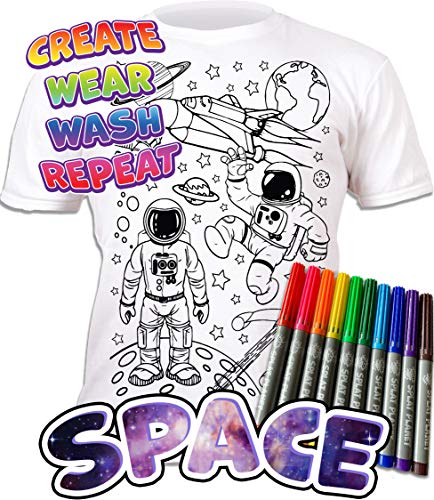 Splat Planet Colour-in Space Man and Space Rocket Camiseta con 6 bolígrafos mágicos no tóxicos lavables – Color en y lavado fuera de la camiseta, Espacio, 7-8 años