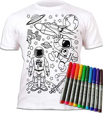 Splat Planet Colour-in Space Man and Space Rocket Camiseta con 6 bolígrafos mágicos no tóxicos lavables – Color en y lavado fuera de la camiseta, Espacio, 7-8 años