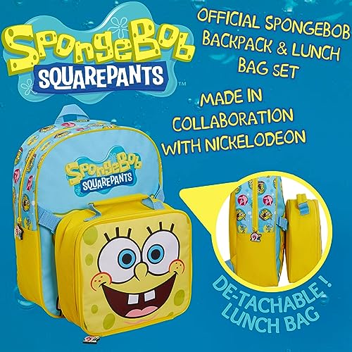 SpongeBob SquarePants Mochila para niños con bolsa de almuerzo aislada fresca para niños y niñas de regreso a la escuela Snack Box 2 piezas mochila y sándwich set desmontable, Talla única, Mochila