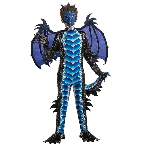 Spooktacular Creations Disfraz de dragón negro y azul con alas y máscara - Traje de Halloween para fiestas de niños, cosplay-M
