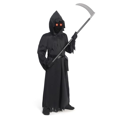 Spooktacular Creations Niño Unisex Negro Grim Reaper Túnica de disfraces con guantes, guadaña, gafas de luz para los niños, espeluznante fantasma de Halloween de disfraces X-Large (13-15 años)
