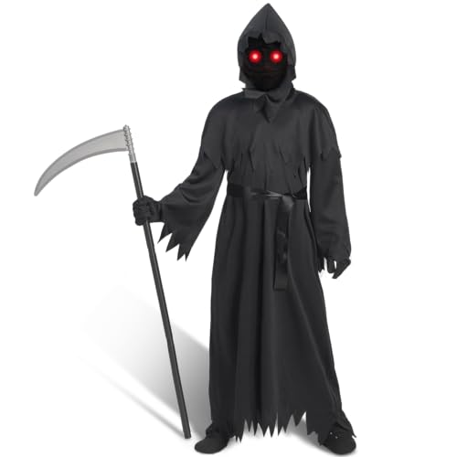 Spooktacular Creations Niño Unisex Negro Grim Reaper Túnica de disfraces con guantes, guadaña, gafas de luz para los niños, espeluznante fantasma de Halloween de disfraces X-Large (13-15 años)