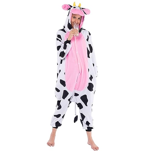 Spooktacular Creations - Pijama de Peluche Unisex para Adulto, Disfraz de Vaca de una Pieza (Mediano)