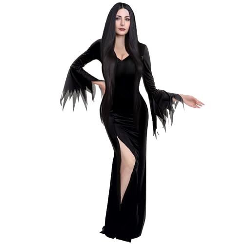 Spooktacular Creations Vestido Gótico Largo Hasta el Suelo para Mujer, Disfraz de Bruja Negra para Fiesta de Halloween, Vestido Medieval Vintage (X-Large)
