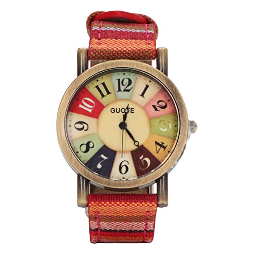 SPYMINNPOO Reloj con Diseño de Arcoíris, Estilo Bohemio Multicolor, Botón de Piel Sintética de Latón, Reloj Hippie para Mujer para Regalo de Cumpleaños (Rojo)
