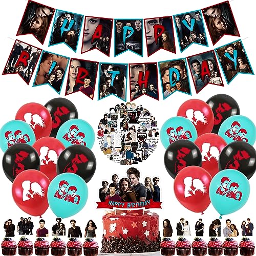 Suministros de fiesta de cumpleaños de la saga Crepúsculo, el tema de la saga Crepúsculo incluye tapas de pasteles, tapas de cupcakes, 50 calcomanías, banderas, globos de látex.