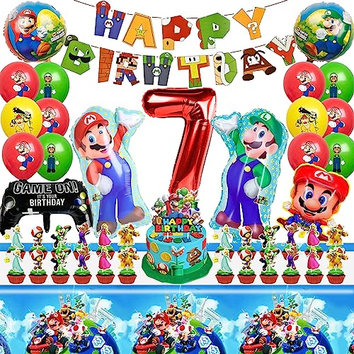 Super Mario Globos de Cumpleaños 7 Años, 52Pcs Decoracion Cumpleaños Mario Bros,Decoración Cumpleaños 7 Años Niños, Pancarta Feliz Cumpleaños y Cake Topper,para Fiesta Cumpleaños Infantil