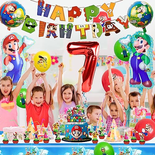 Super Mario Globos de Cumpleaños 7 Años, 52Pcs Decoracion Cumpleaños Mario Bros,Decoración Cumpleaños 7 Años Niños, Pancarta Feliz Cumpleaños y Cake Topper,para Fiesta Cumpleaños Infantil