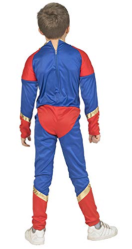 Superboy Disfraz de superhéroe para niños – gran mono para niños para fiestas temáticas, teatro, carnaval, Rojo Azul Dorado, 140 cm