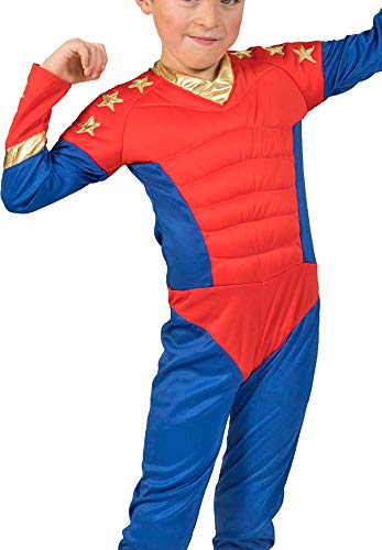 Superboy Disfraz de superhéroe para niños – gran mono para niños para fiestas temáticas, teatro, carnaval, Rojo Azul Dorado, 140 cm