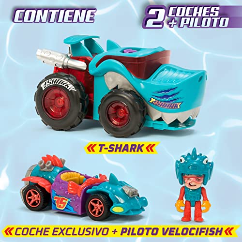T-Racers Mega Wheels T-Shark – Vehículo-Lanzador con 1 piloto y 1 vehículo exclusivos. Compatible con Otros Coches