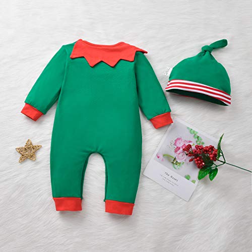 T TALENTBABY - Disfraz de Papá Noel para bebé, niña, niña, niña, niño, Navidad, disfraz de Papá Noel, Elf, con cinturón, pelele + gorro de rayas, Navidad, vestido Up Verde y rojo, 12-18 meses