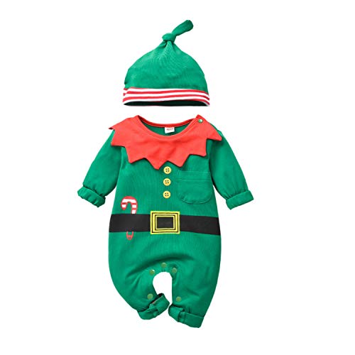 T TALENTBABY - Disfraz de Papá Noel para bebé, niña, niña, niña, niño, Navidad, disfraz de Papá Noel, Elf, con cinturón, pelele + gorro de rayas, Navidad, vestido Up Verde y rojo, 12-18 meses