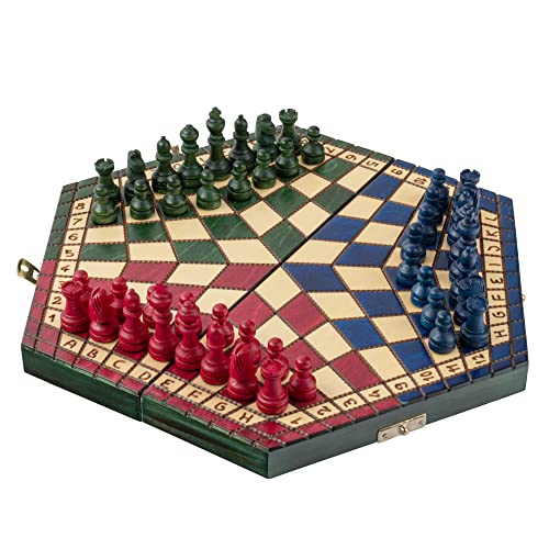 Tablero de Ajedrez Madera Colorido Plegable para 3 Personas | Master of Chess Ajedrez Infantil | Hecho a Mano Ajedrez de Viaje 33 x 28 cm | Ajedrez para Niños y Adultos