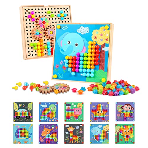 Tablero de Mosaicos Infantiles con 5 Engranaje|Tablero de Coincidir Colores con 180 Botones y 10 imágenes|Button Art Toys para Niños Pequeños para Niños De 3 4 5 Años