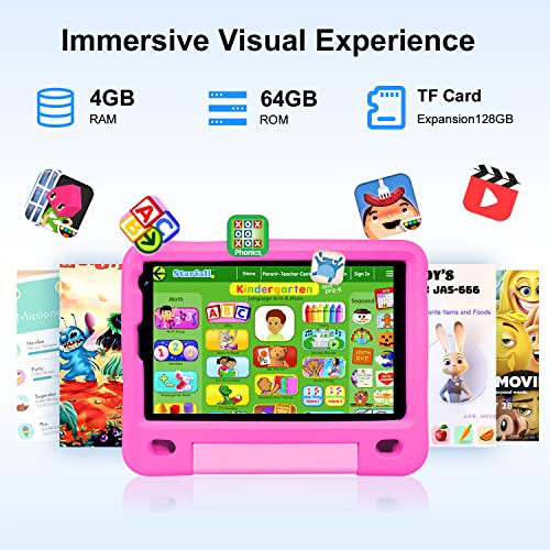 Tablet Infantil para Niños Android 12, 8 Pulgadas 4GB RAM 64GB ROM/TF 128GB, Control parental, Kids Educativos, WiFi 4000mAh, Dual Cámara, Play Store con Funda EVA(Rosa)