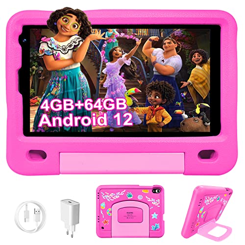 Tablet Infantil para Niños Android 12, 8 Pulgadas 4GB RAM 64GB ROM/TF 128GB, Control parental, Kids Educativos, WiFi 4000mAh, Dual Cámara, Play Store con Funda EVA(Rosa)