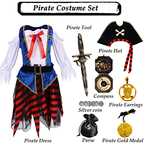 Tacobear Disfraz Pirata Niño Niña con Pirata Accesorios Pirata Sombrero Brújula Bolso Pendiente Pirata Disfraces Carnaval Halloween para Niñas Infantil 4 5 6 7 8 9 10 Años (4-6 Años)