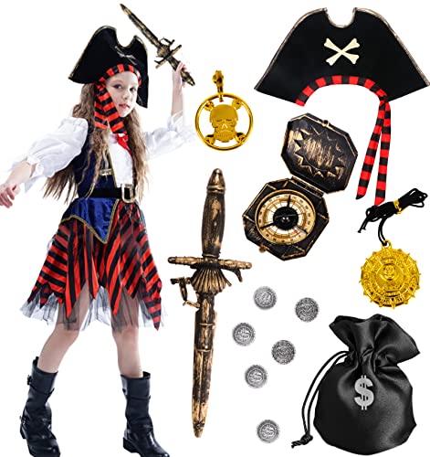 Tacobear Disfraz Pirata Niño Niña con Pirata Accesorios Pirata Sombrero Brújula Bolso Pendiente Pirata Disfraces Carnaval Halloween para Niñas Infantil 4 5 6 7 8 9 10 Años (4-6 Años)