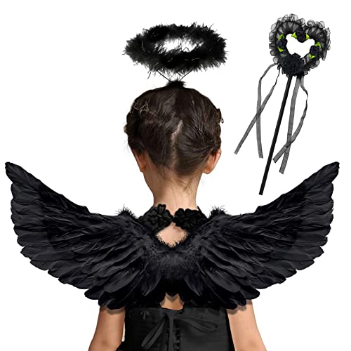 Takmor Alas de ángel, alas de ángel y alas de diablo halo, disfraz de alas de ángel negras, disfraz de ángel caído de Cupido de ángel oscuro para adultos, mujeres y niños para fiesta temática de