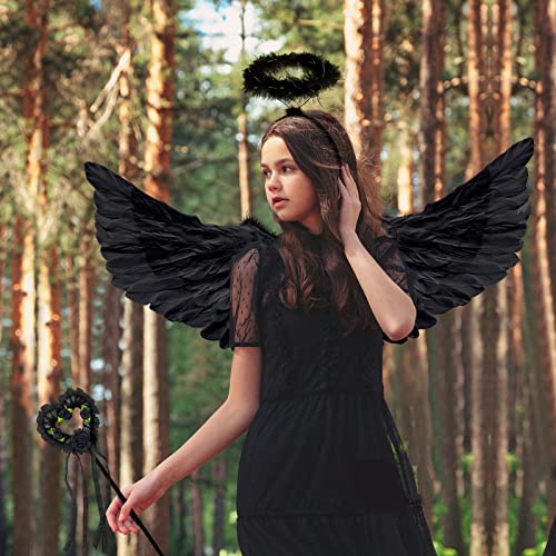 Takmor Alas de ángel, alas de ángel y alas de diablo halo, disfraz de alas de ángel negras, disfraz de ángel caído de Cupido de ángel oscuro para adultos, mujeres y niños para fiesta temática de