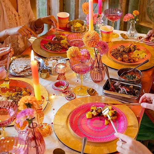 Talking Tables Platos de papel prémium para decoración de fiesta Diwali para la mesa | Platos reciclables | Platos para servir | Vajilla desechable para tema bohemio | Diseño de mandala rosa naranja |