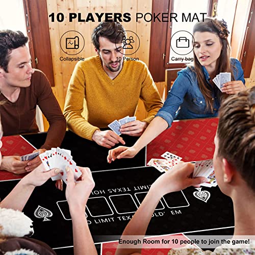 Tapete de Poker 180 x 90 cm, 8 Player Portable Rubber Texas Hold'em Poker Table Top Layout w/Carrying Bag to Play Cards, Poker Games, Blackjack, Casino (Rojo Rectangular)