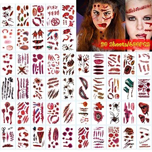 Tatuajes Temporales de Halloween 50 Hojas Tatuajes Temporales de Decoración de Halloween, Pegatinas de Halloween, Halloween Zombie Cicatrices Tatuajes Pegatinas con Falso Scab Sangre Especial