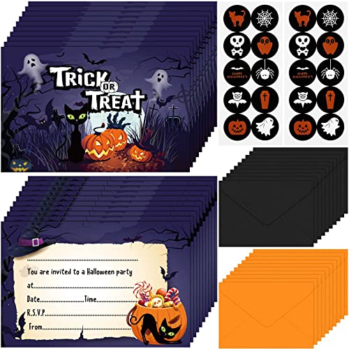 Tenare 20 Juegos Tarjetas de Invitación de Halloween con Sobres de Negro y Naranja y Pegatinas Redondas de Halloween para Fiesta de Halloween
