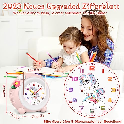 TENOCK Despertador analógico para niños, diseño de Unicornio, Despertador Infantil sin cosquillas, Despertador con luz de Colores, Volumen Ajustable (Rosa)