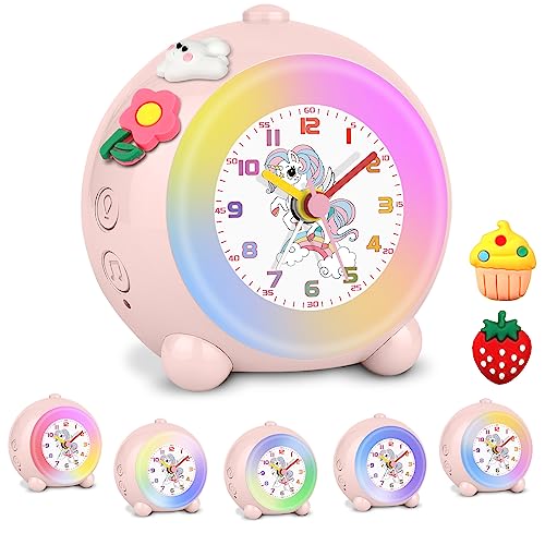 TENOCK Despertador analógico para niños, diseño de Unicornio, Despertador Infantil sin cosquillas, Despertador con luz de Colores, Volumen Ajustable (Rosa)