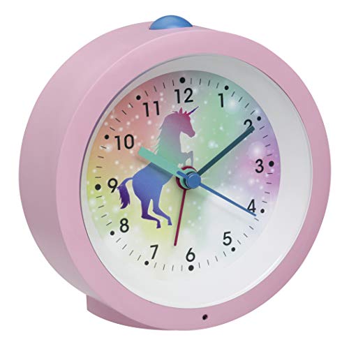 TFA Dostmann 60.1033.12 - Despertador analógico Infantil con diseño de Unicornio, Caballo, sin tictac, Alarma e iluminación, plástico, 105 x 41 x 105 mm, Color Rosa