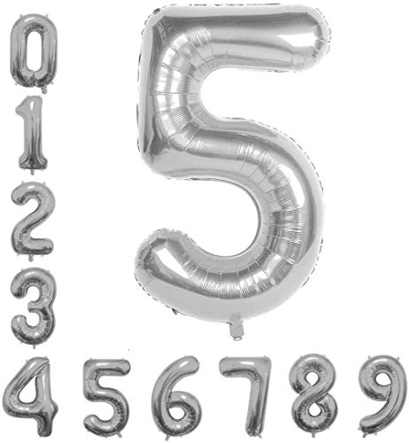 The Little Leisure Company Globo número cinco – 1 globo plateado de cinco – perfecto para cumpleaños y fiestas de cumpleaños – número 5 – 40 pulgadas