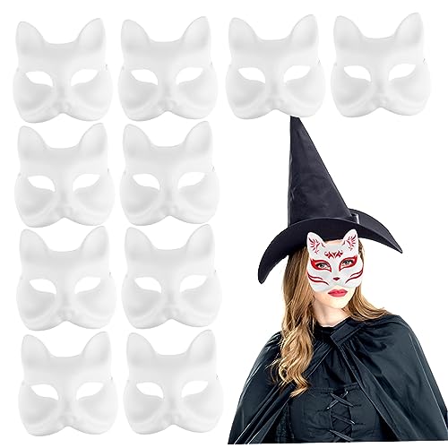 Therian Fox Mask, 10pcs Mascaras de zorro en blanco de 10 piezas con pigmentos de 12 colores y 2 cepillos, máscaras de gato de cosplay de bricolaje, máscaras de papel blanco pintadas a mano para