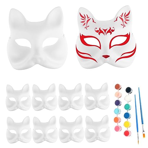 Therian Fox Mask, 10pcs Mascaras de zorro en blanco de 10 piezas con pigmentos de 12 colores y 2 cepillos, máscaras de gato de cosplay de bricolaje, máscaras de papel blanco pintadas a mano para
