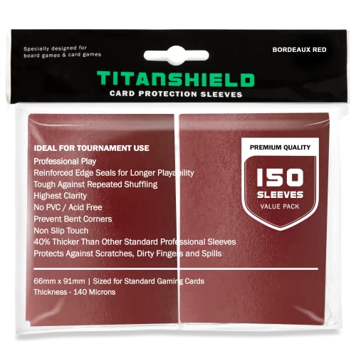 TitanShield (150 fundas, rojo burdeos) compatible con juegos de mesa de tamaño estándar, MTG Magic The Gathering, Pokemon, Lorcana y tarjetas coleccionables de 2.5 x 3.5 pulgadas, 66 x 91 mm