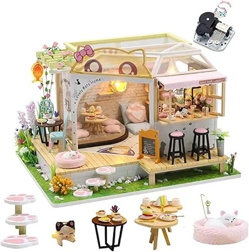 TOPBSFARNY Cat Cafe - Kit de casa de muñecas en Miniatura de Madera para Mascotas, Gatos, cafeterías, Accesorios de construcción con Muebles, Caja de música con luz LED, cumpleaños