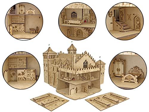 TowerRex The King's Castle D&D Miniatures - Terreno de fantasía de madera con corte láser, escala de 28 mm para mazmorras y dragones Pathfinder Otros juegos de rol de mesa