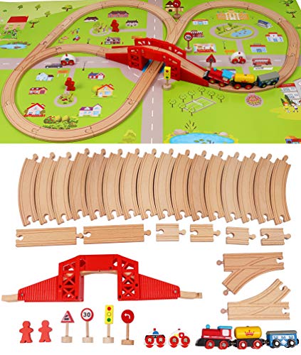 TOWO Circuit Train bois avec plan de la ville - Construction de la voie ferrée de Shinington Construction de bâtiments Jouets pour enfant de 3 ans Garçon Fille voiture train bois Cadeau 3 4 5 ans