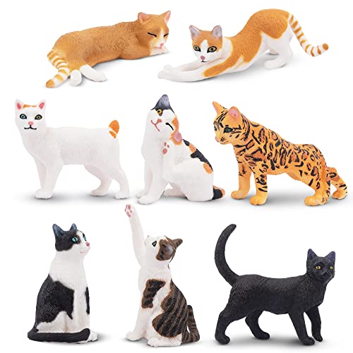 TOYMANY Juego de 8 figuras de animales de gato, figuras de gato, figuras de animales pequeños, adornos de gatitos en miniatura, para jugar o como decoración para cupcakes, regalo de cumpleaños
