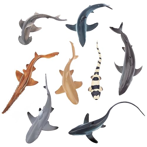 TOYMANY Juego de 8 figuras de animales de tiburón océano, juguete de animales marinos con tiburón martillo, tiburón blanco, tiburón limón, tiburón zorro, juguete de bañera para niños, para jugar o