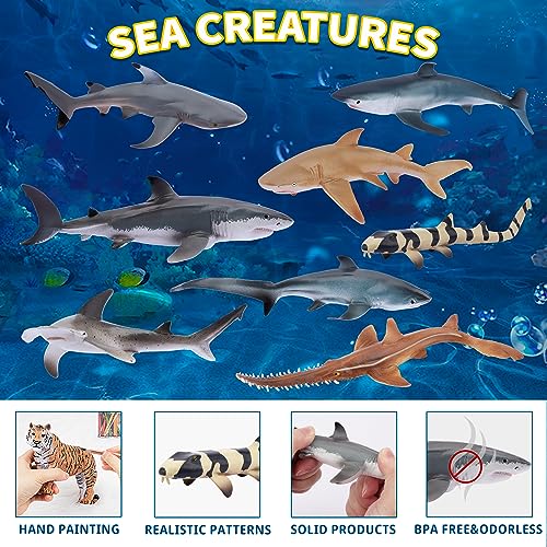 TOYMANY Juego de 8 figuras de animales de tiburón océano, juguete de animales marinos con tiburón martillo, tiburón blanco, tiburón limón, tiburón zorro, juguete de bañera para niños, para jugar o