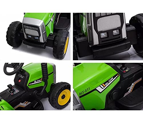Tractor con Batería 12V para Niños con Equipo de Sonido/Tractor Eléctrico Infantil con Mando Control Remoto, Remolque, Luces LED y Palanca de Cambio (Verde)