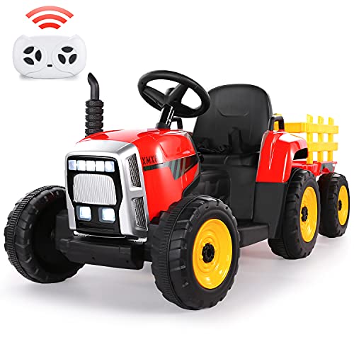 Tractor Eléctrico 12V 7Ah, 2+1 Cambio de Marchas, 25W Tractor Batería con Remolque, Bocina/ Reproductor MP3/ Bluetooth/ Puerto USB/ Faro de 7 LED, Control Remoto para Niño 3-6 años (Rojo)