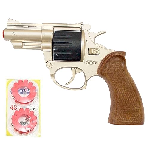 Tradineur - Revólver Corto de Juguete de policía con 48 fulminantes, 17 x 11,5 cm, Pistola Recargable con Disparos sonoros, 4 Discos de 12 fulminantes, Regalo para niños