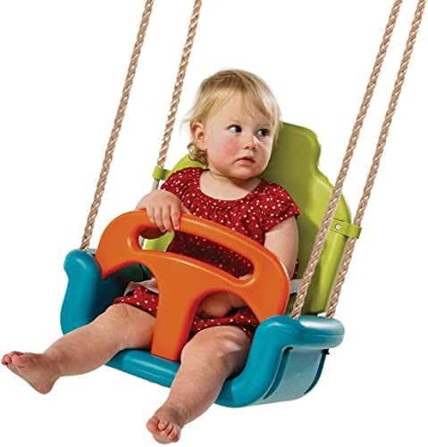 TRIBECCO® Columpio infantil 3 en 1 para asiento de bebé ajustable, columpio para bebés, niños con respaldo y cinturón de hebilla | Fabricado en la Unión Europea
