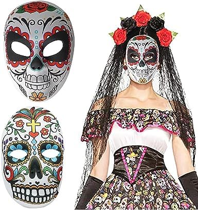 TRIXES Juego de 2 Máscaras de Calavera de Azúcar para Halloween - Máscara del Día de Muertos - Mascarada Mexicana - Accesorios para Fiesta de Disfraces de Cosplay - Calavera de Azúcar Multicolor