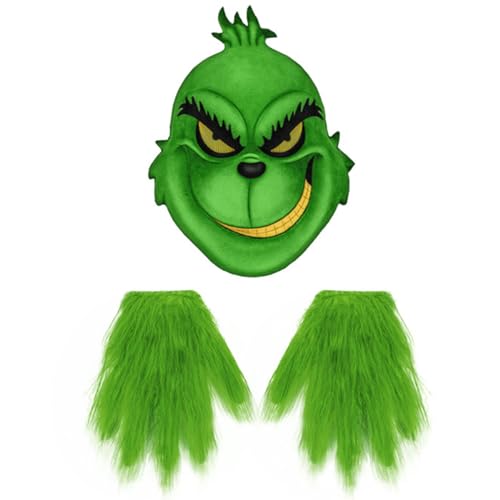 TrukD Monstruo de pelo verde Disfraz de máscara del Grinch con piel peluda verde para Navidad Cosplay de Disfraces