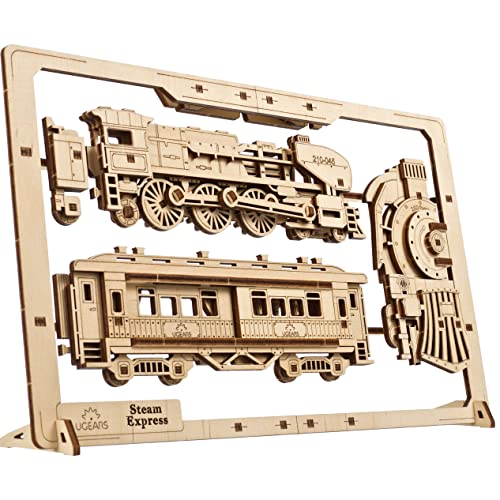 UGears Steam Express Enmarcado 2.5D - Kit de Modelo clásico de Madera de Tren con Ruedas móviles, mecanismos y Puertas - Kits de Modelo de Rompecabezas de Madera de Tren de Vapor para Adultos